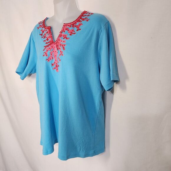 Quacker Factory Womens T Shirt Size Medium Short Sleeve Coral Embroidered Beaded - Picture 4 of 9